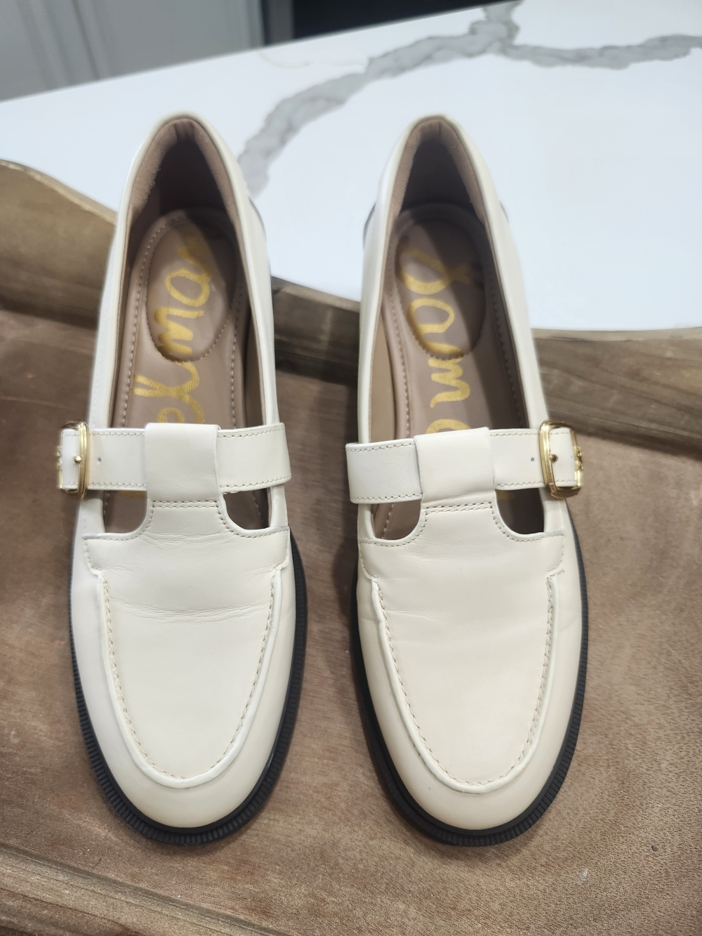 Sam Edelman Elaina Mary Jane Loafers Cream Leather T-Strap Gold Buckle Women's 8 - Picture 3 of 9